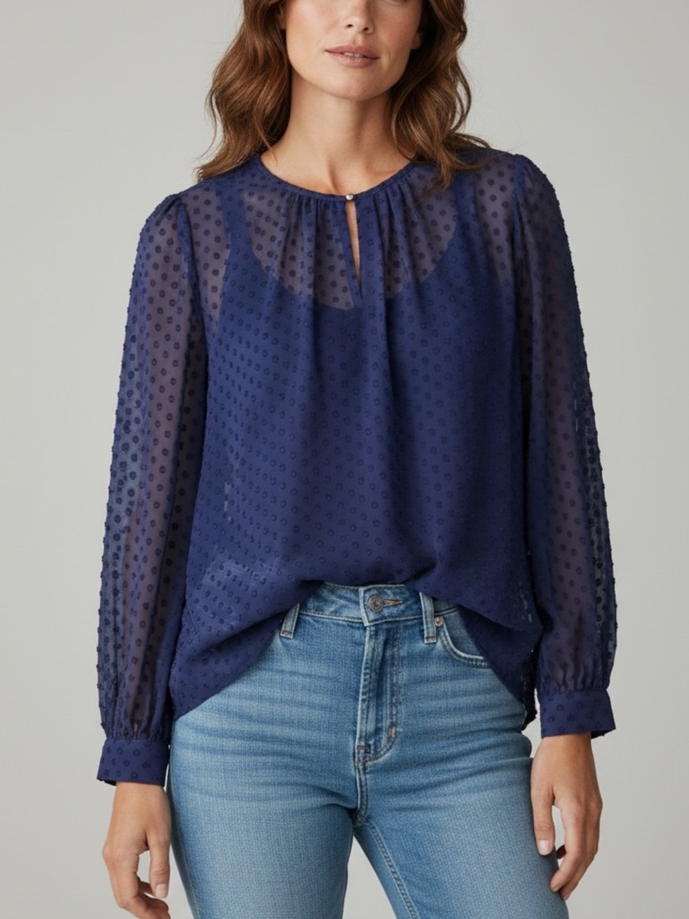 J.Crew Blue Swiss Dot Chiffon Keyhole Long Sleeve Blouse, Sheer, Women’s Size 8